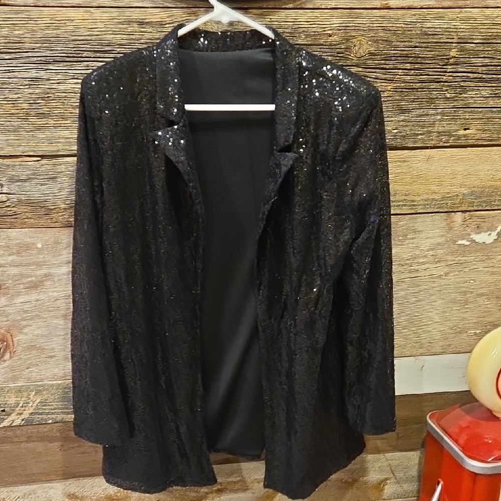 Women's Black Sequin Open-Front Blazer